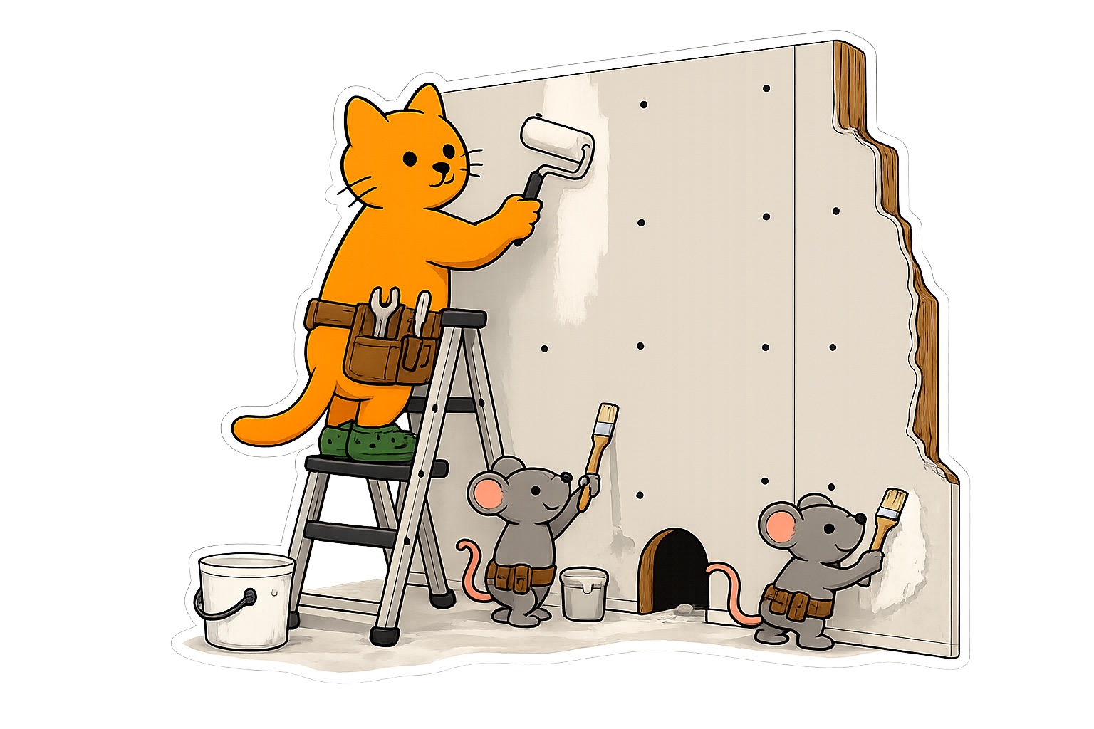 Cartoon handyman cat and mice painting a wall